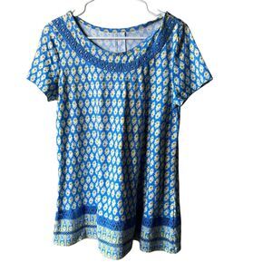Kim Rogers Blue and Yellow Short Sleeve Top Womens Size S Mediterranean Vacation